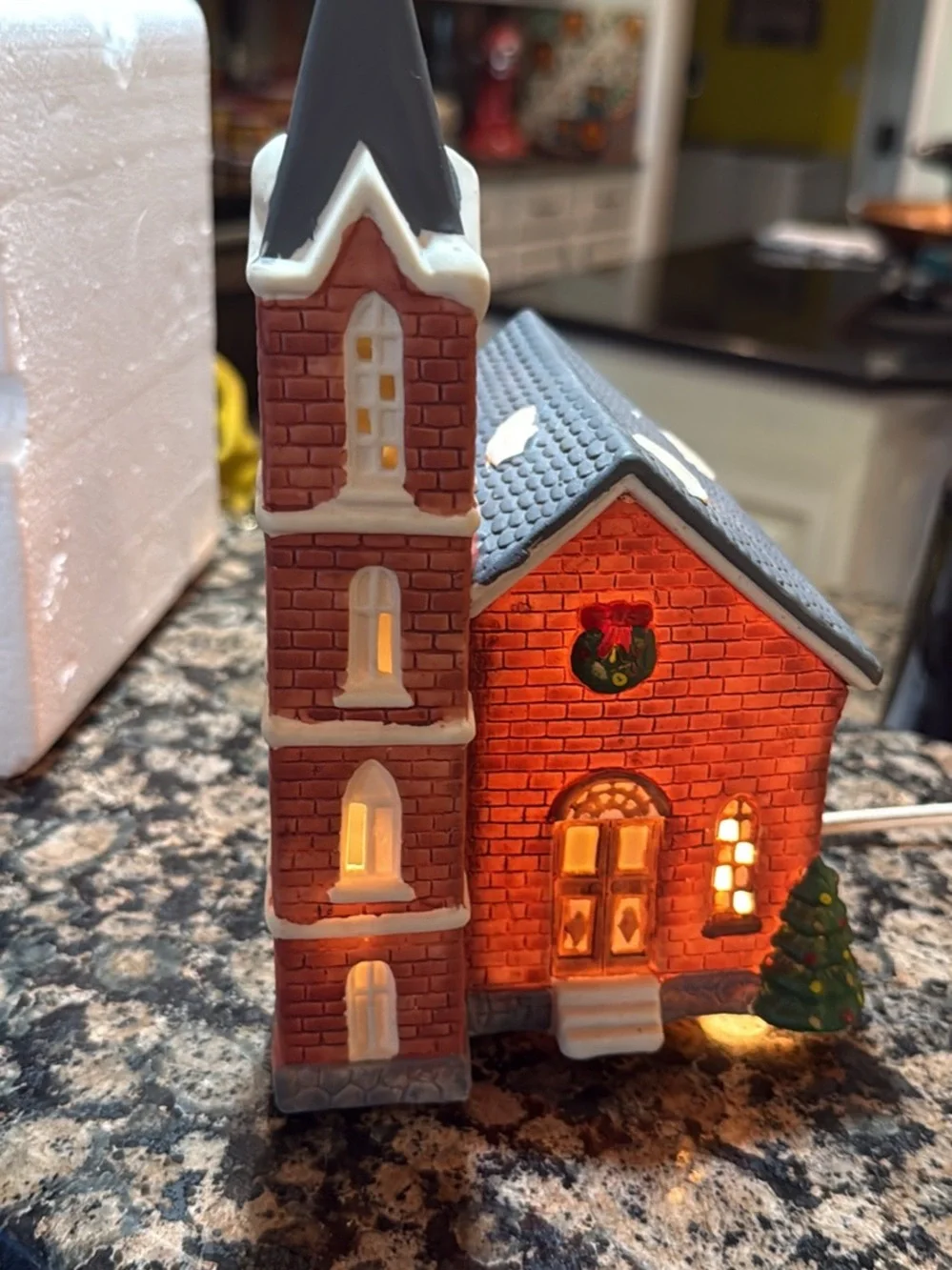 Light-Up Ceramic Church Holiday Decor - Green and White